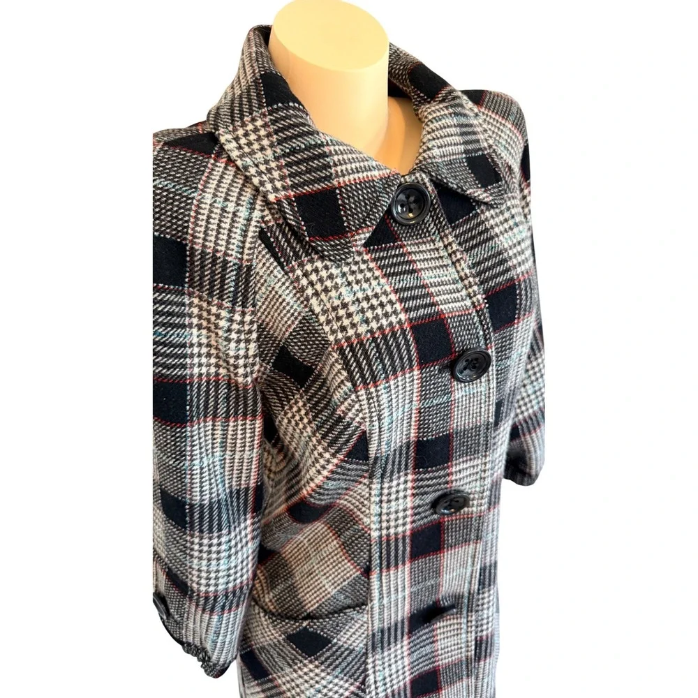 Guess Jeans Plaid Wool Blend Coat Womens L Black White Red Preppy Academia - Picture 5 of 16